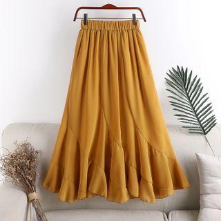 Plain Band-waist Midi A-line Skirt