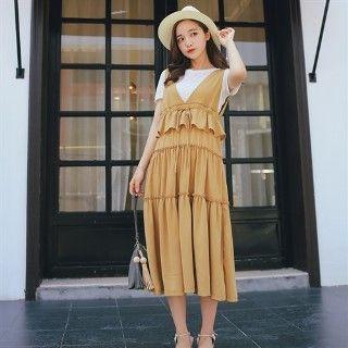 Set: Short-sleeve T-shirt + Ruffle Tiered Jumper Dress