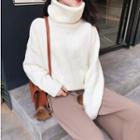 Plain Turtle-neck Batwing-sleeve Loose-fit Sweater