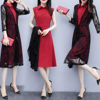 Set: Collared Sleeveless A-line Dress + 3/4-sleeve A-line Lace Dress