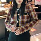 Long-sleeve Plaid Cardigan Wine Red - One Size
