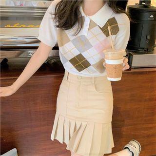 Short-sleeve Argyle Knit Top / Pleated Skirt