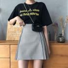 Elbow-sleeve Lettering T-shirt / Plaid Contrast Trim Mini A-line Skirt