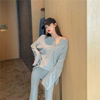 Set: Long-sleeve Buttoned Placket T-shirt + Slit Boot Cut Pants