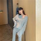 Set: Long-sleeve Buttoned Placket T-shirt + Slit Boot Cut Pants