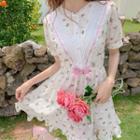 Short-sleeve Floral Mini A-line Dress Floral - White - One Size