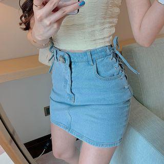 Lace Up Denim Mini Pencil Skirt