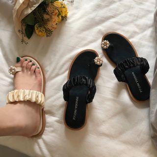 Faux Pearl Satin Slide Sandals