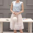 Set: Embellished Sleeveless Top + Floral Embroidered A-line Skirt