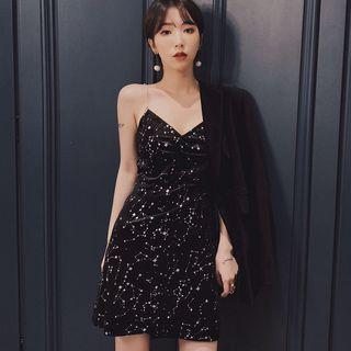Spaghetti Strap Mini Velvet Dress / Long-sleeve Mini Velvet Dress