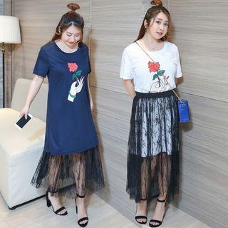 Set: Printed Short-sleeve T-shirt Dress + Sheer Lace Skirt