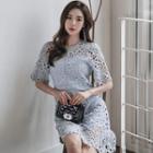 Short-sleeve Perforated Mini Lace Dress