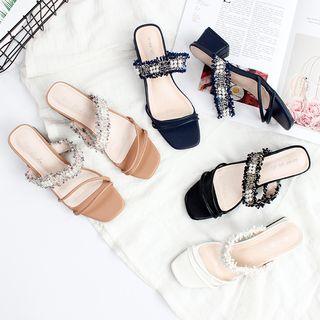 Tweed Faux Pearl Strap Block Heel Slide Sandals
