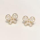 Butterfly Faux Pearl Earring 01# - 1 Pair - White & Gold - One Size