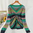 Striped Drawstring Knit Top Green - One Size