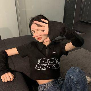 Printed Zip Cropped Top