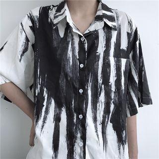Two-tone Short Sleeve Blouse As Shown In Figure - One Size