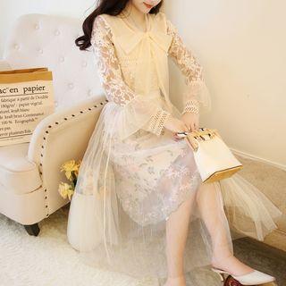 Set: Long-sleeve Lace Top + Pleated Midi Skirt Almond - One Size