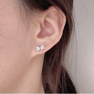 925 Sterling Silver Rhinestone Bow Earring 1 Pair - Stud Earrings - Silver - One Size