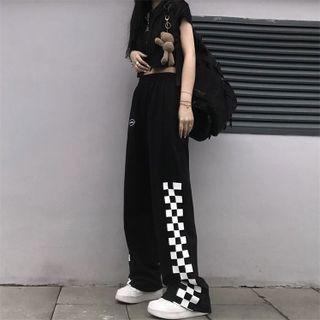Checkerboard Print Wide Leg Sweatpants