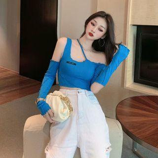 Irregular Cold-shoulder Cropped T-shirt Blue - One Size