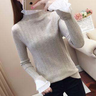 Long-sleeve Mesh Panel Mock-neck Knit Top