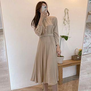 Long-sleeve Belt Waist Pleated Midi Dress