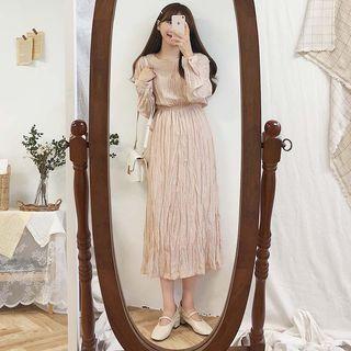 Ruched Long-sleeve A-line Midi Dress