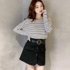 Set: Off-shoulder Long-sleeve Striped T-shirt + Mini A-line Skirt