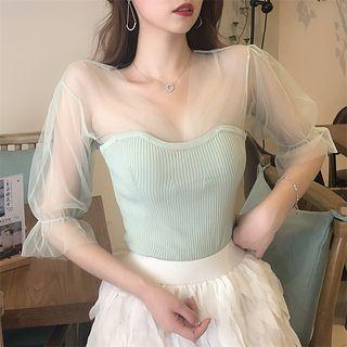 3/4-sleeve Mesh Paneled Knit Top