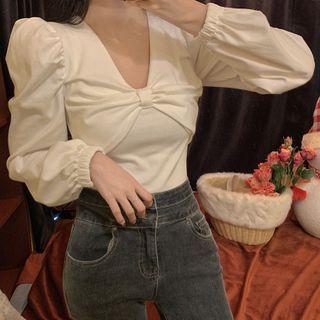 Long-sleeve Bow-front V-neck Top White - One Size