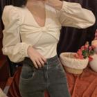 Long-sleeve Bow-front V-neck Top White - One Size