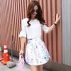 Set: Elbow-sleeve Top + Floral Print A-line Mini Skirt