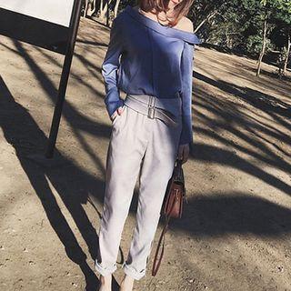 Set: Long-sleeve Off Shoulder Top + Dress Pants