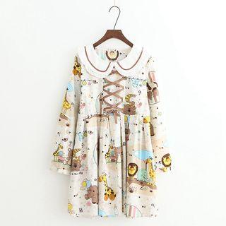 Bear Print Collared Long Sleeve Dress