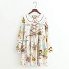 Bear Print Collared Long Sleeve Dress