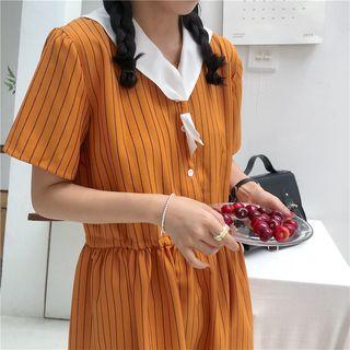 Peter Pan Collar Striped Drawstring Waist Dress As Shown In Figure - One Size