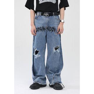 Lettering Distressed Baggy Jeans