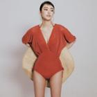 Elbow-sleeve Lace Up Swimsuit