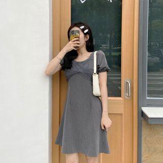 Puff-sleeve Sheer Panel Plain Dress