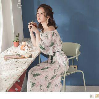 Leaf-print Ruffle Trim Off-shoulder Chiffon Maxi Dress