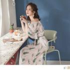 Leaf-print Ruffle Trim Off-shoulder Chiffon Maxi Dress