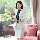 One Button Blazer / Tie-neck Blouse / Pencil Skirt / Straight-cut Pants / Set