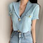 Short-sleeve Sailor Collar Button-up Knit Top