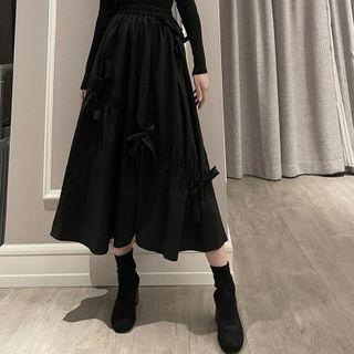 Shirred Bow Midi A-line Skirt Black - One Size