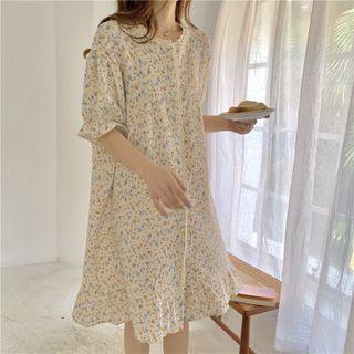 Elbow-sleeve Floral Print Sleep Dress Beige & Yellow & Blue - One Size