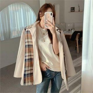 Belted Plaid-panel Jacket Beige - One Size