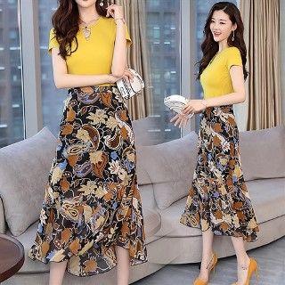 Set: Short-sleeve T-shirt + Chiffon Midi Skirt