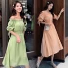 Off-shoulder Ruffled-trim Drawstring Dress