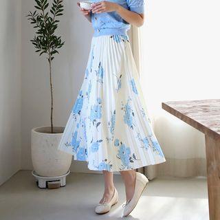 Flower-pattern Long Pleated Skirt